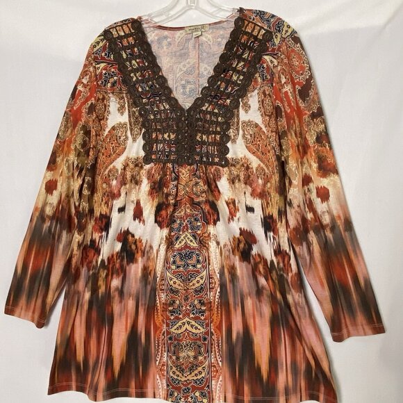 One World Womens Tunic Top Sz L Orange Brown Boho Open Crochet V-neck Fall L/S - Picture 1 of 12